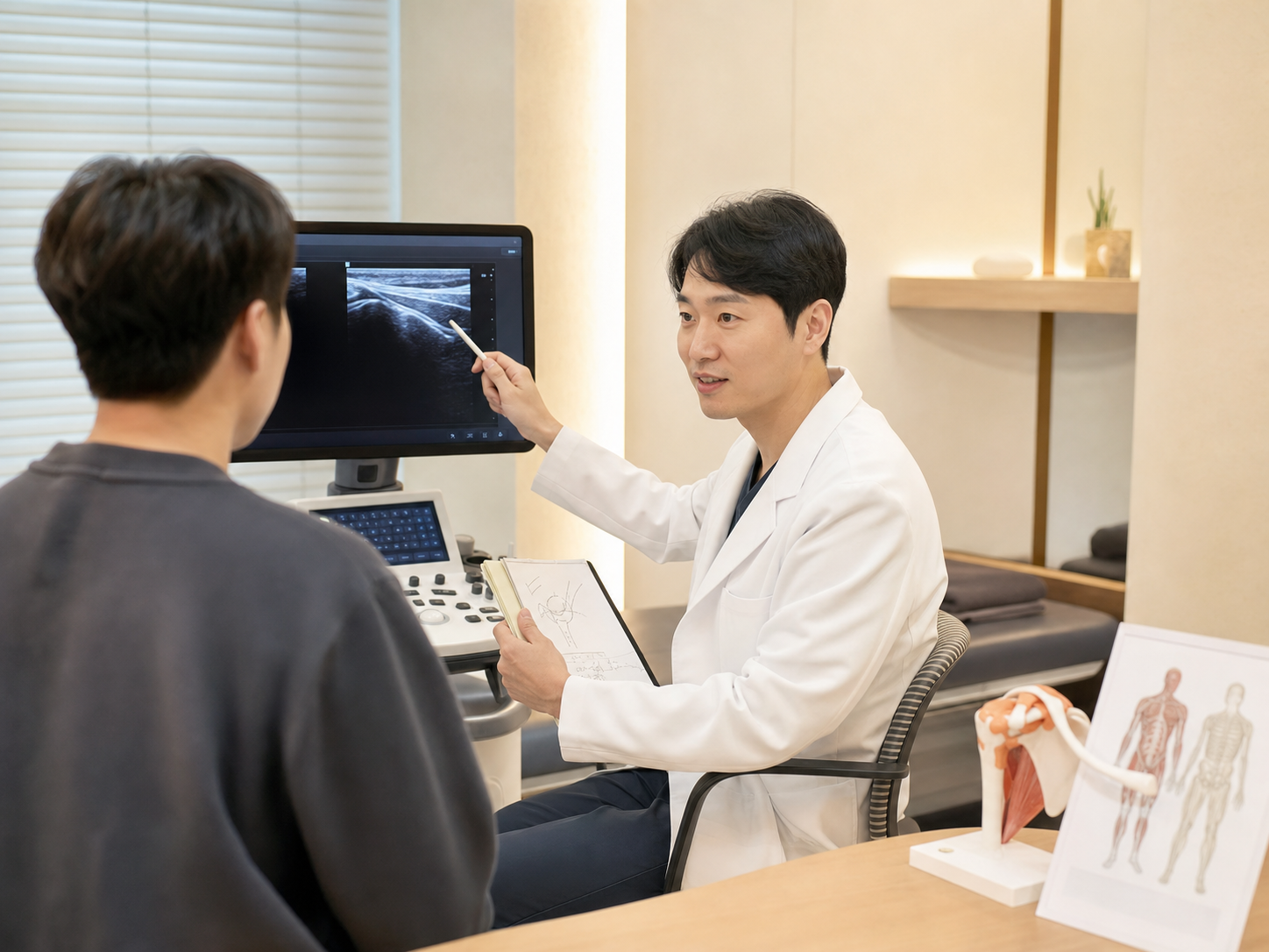 고든마디 재활의학과의원 진료실에서 원장이 초음파 화면과 진찰 메모를 보며 설명하는 장면