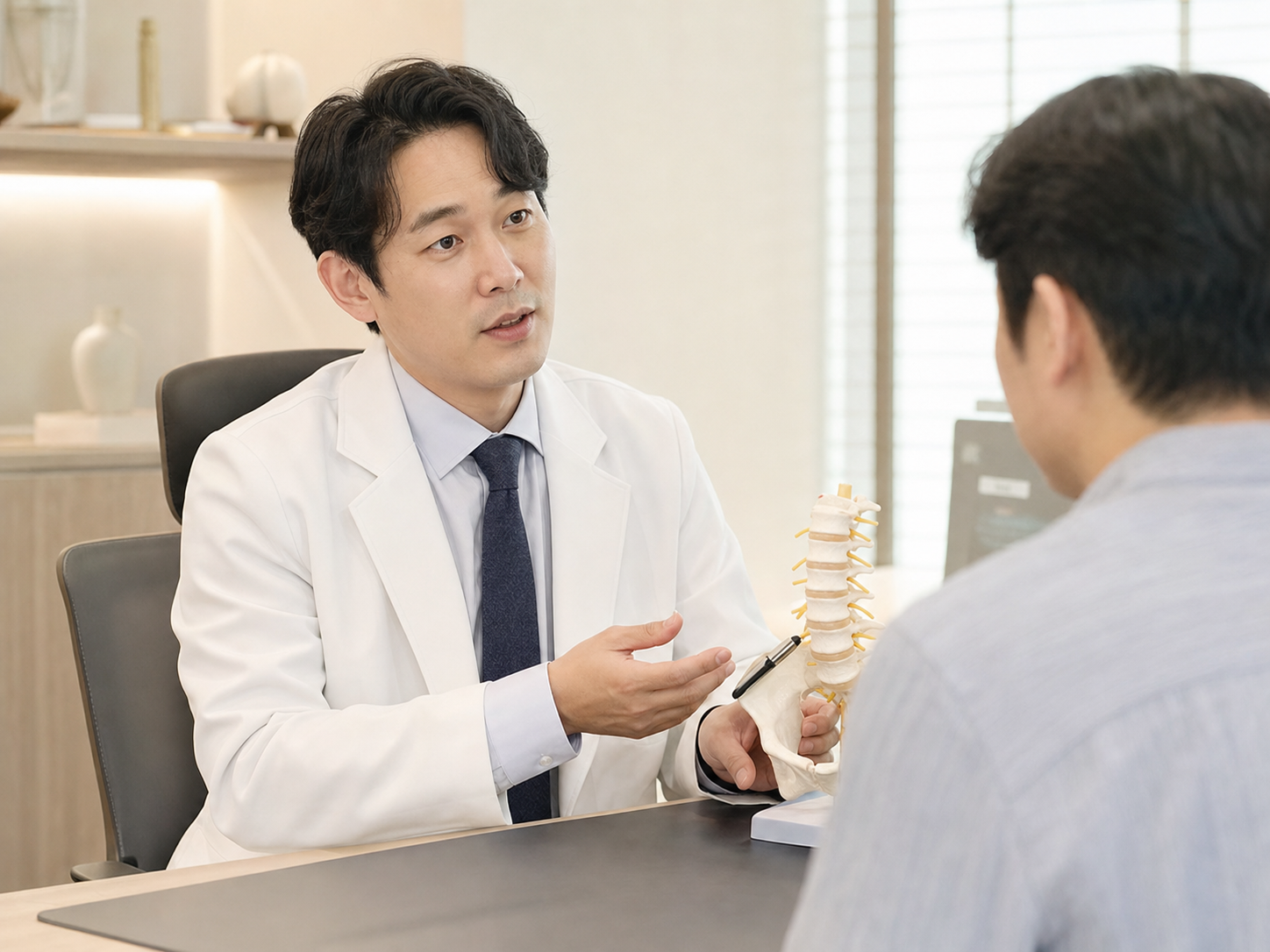 고든마디 재활의학과의원 진료실에서 이종혁 대표원장이 환자에게 몸 상태를 설명하는 장면