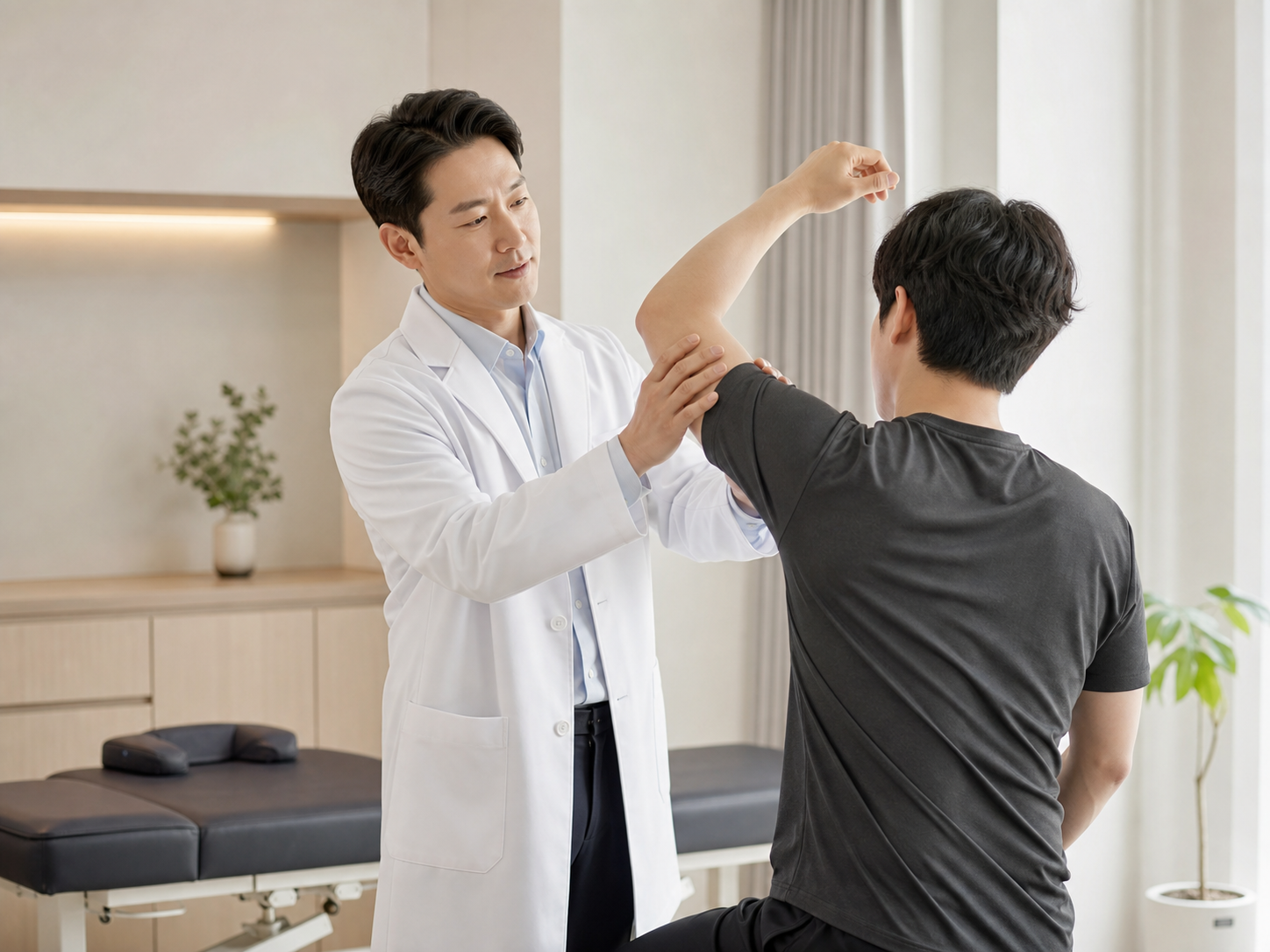 고든마디 재활의학과의원 진료실에서 원장이 환자의 어깨 움직임을 확인하는 장면